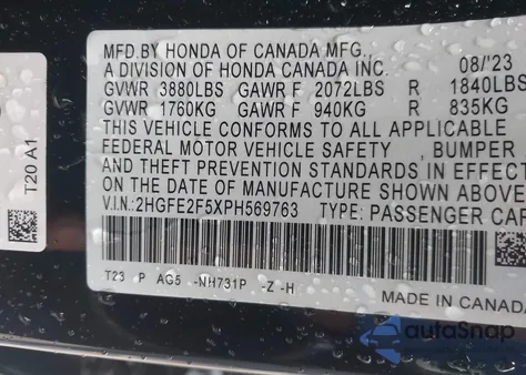 2023 Honda Civic Sport from USA, damaged, VIN 2HGFE2F5XPH569763